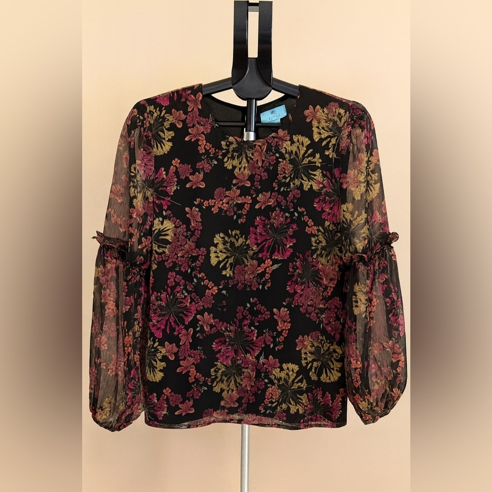 CeCe Chiffon Floral Ruffle Long Sleeve Blouse Black Pink Keyhole Back Size M